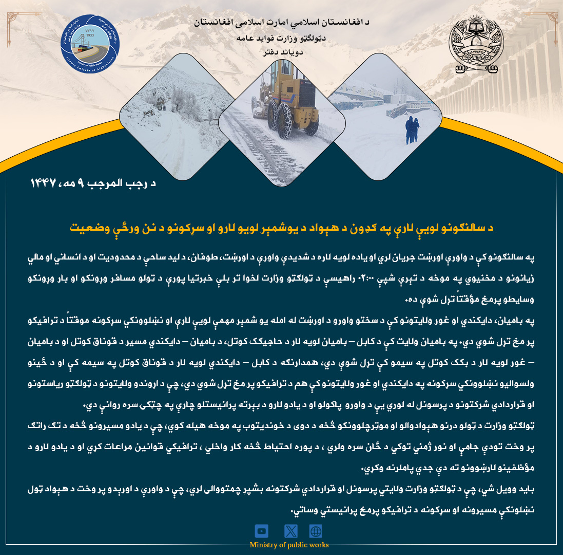 د سالنګونو لویې لارې په ګډون د هېواد د یوشمېر لویو لارو او سړکونو د نن ورځې وضعیت