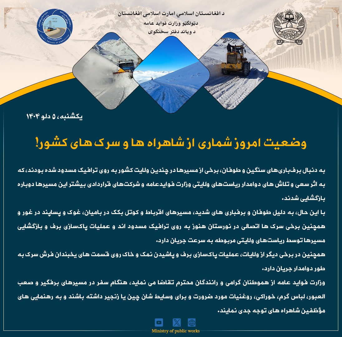 وضعیت امروز شماری از شاهراه ها و سرک های کشور 